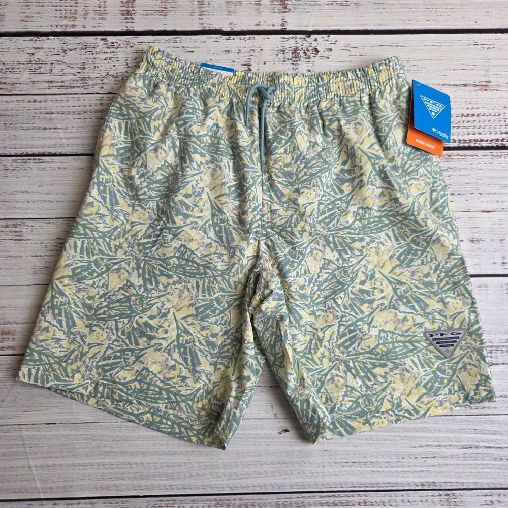 Columbia PFG Rambler Printed Water Shorts Mens Small Green Yellow FM3173-758 NEW